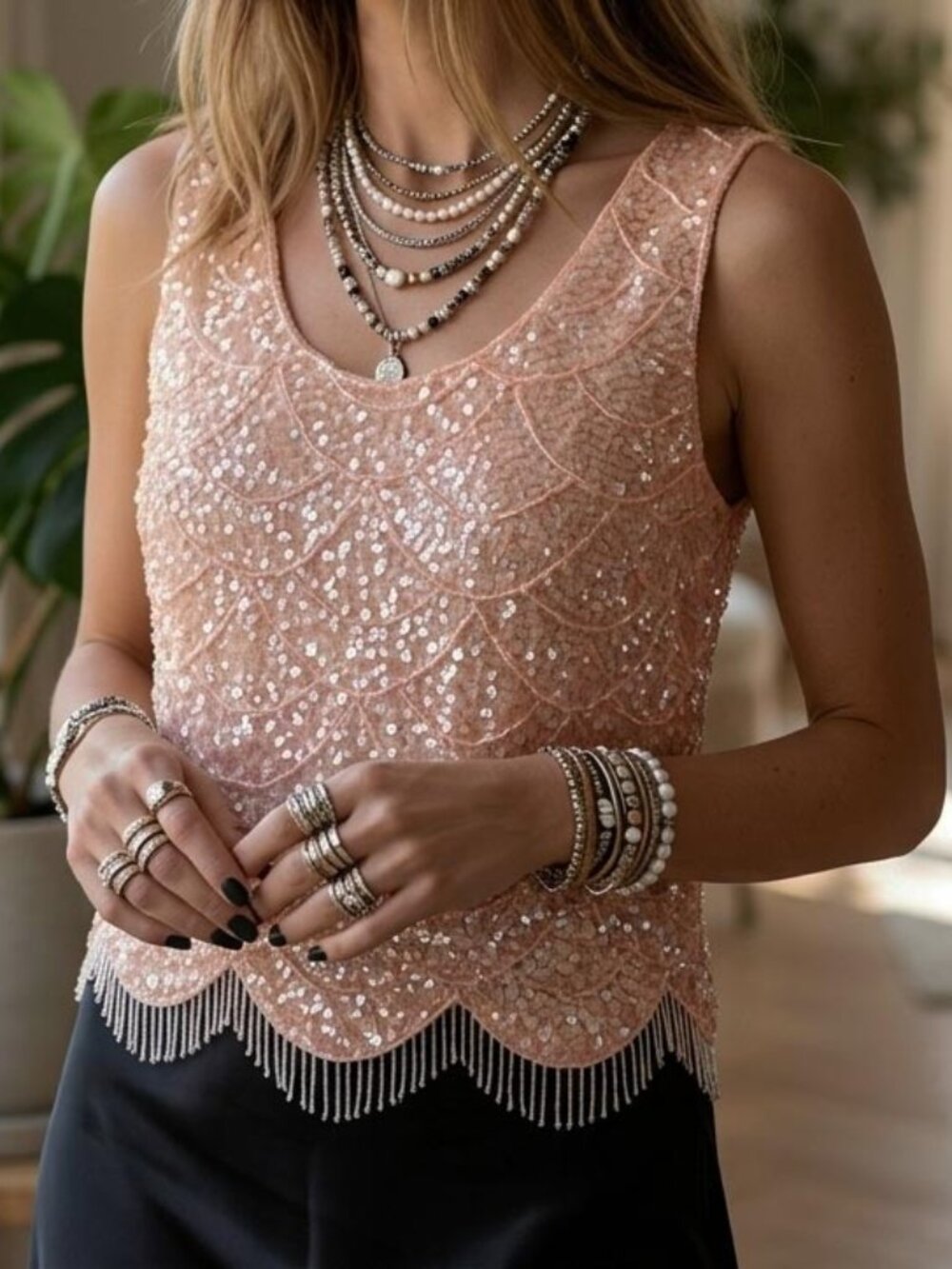 1960s Summer Sequins Beaded Wool Handmade Sweater Vest Mermaid Pink Blouse